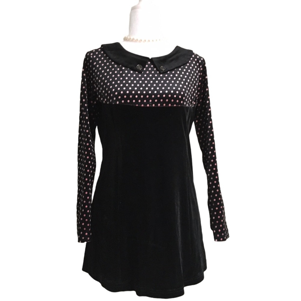 NWOT Black and Pink Polka Dots Velvet Long Sleeve Dress S